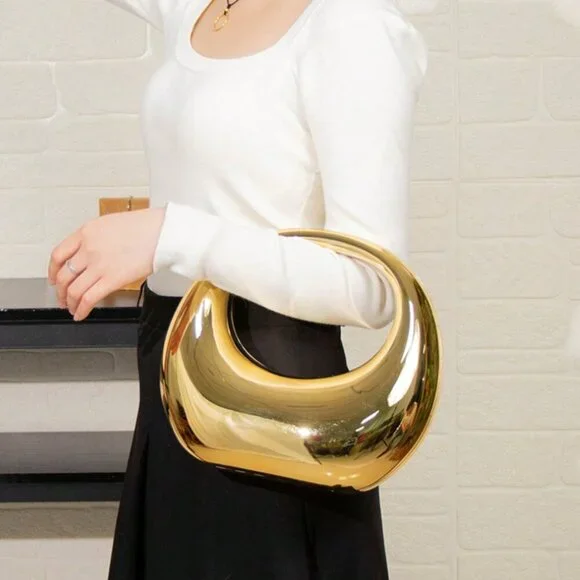 Gold Glamorous Women's Metal Color Evening Bag With Circular & Crescent Patterns - Picture 3 of 7